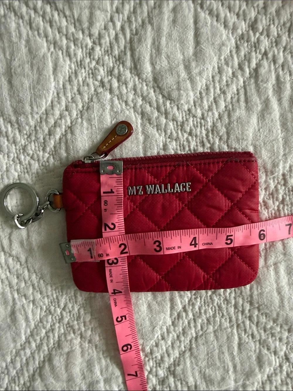 Mz Wallace Flat Metro Key Pouch Quilted Zip Card Case in Red Silver Accents